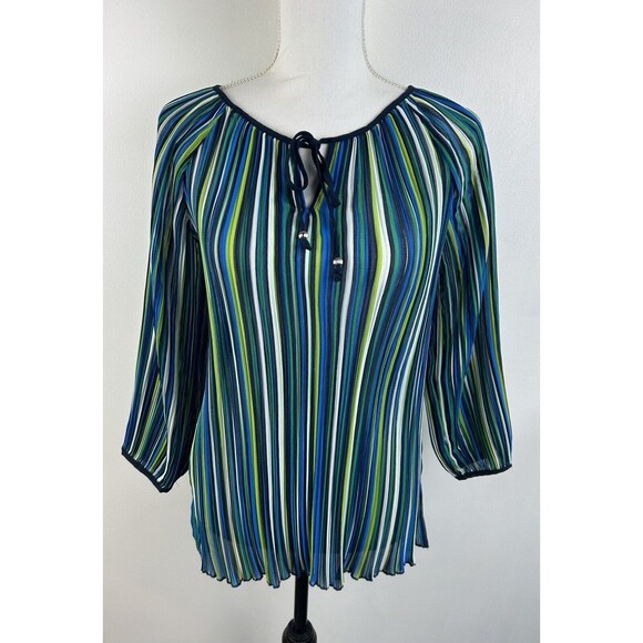 Ruby Rd. Paizley Park Pleated 3/4 Sleeve Peasant Blouse Top Size Small Tie Neck - Picture 1 of 8